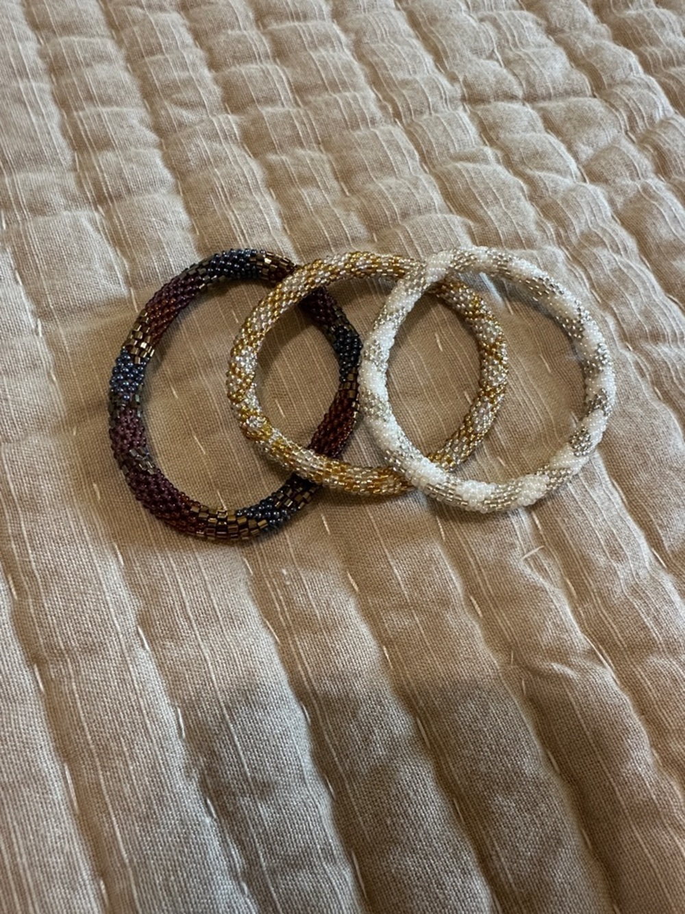 Beaded Stackable Bracelets - White, Gold, and Brown